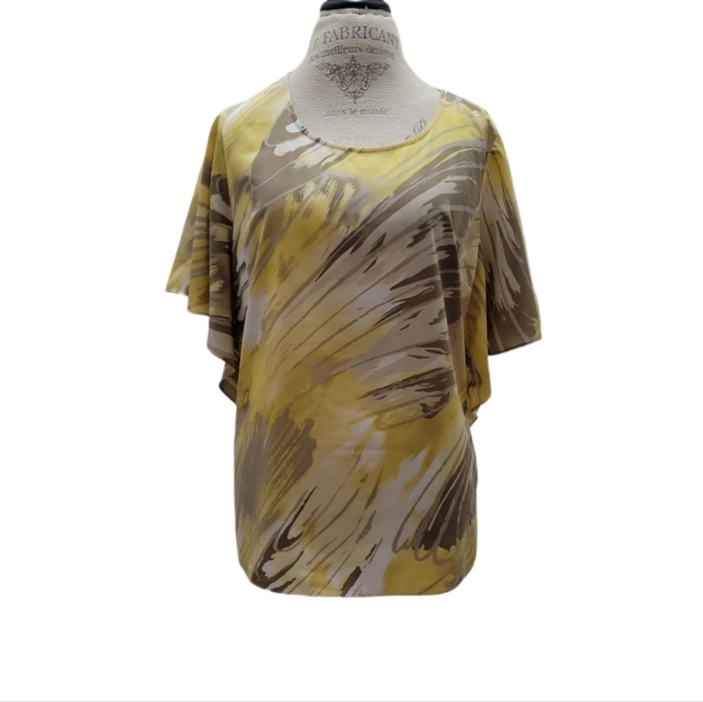 JM Collection Yellow & Taupe Crepe de Chine Butterfly Sleeve Top Size 8